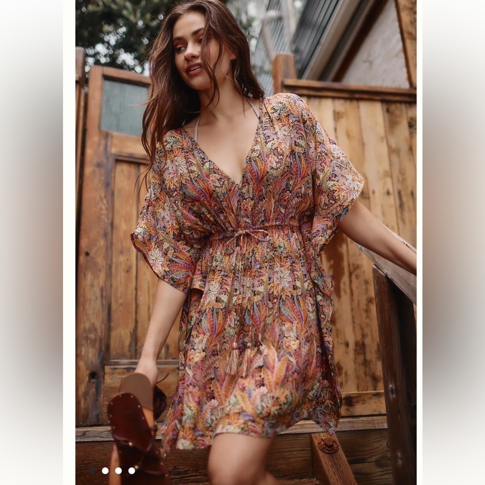 Bohemian Floral V-Neck Swim Coverup Dress in Multi-Color